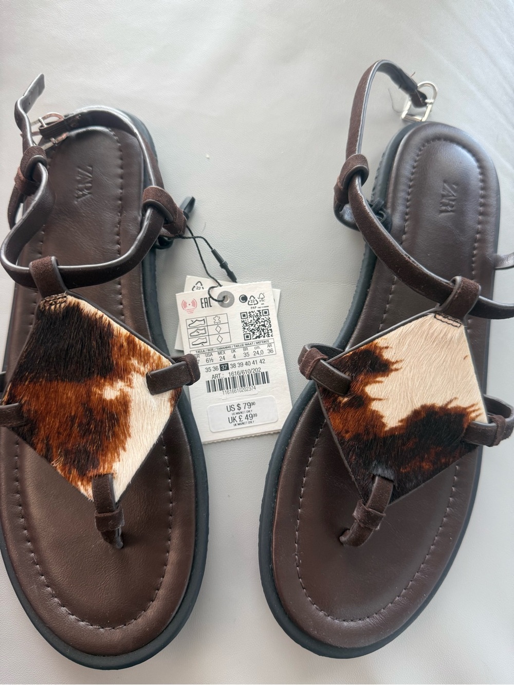 Zara Brown Leather Sandals with Cowhide Detail